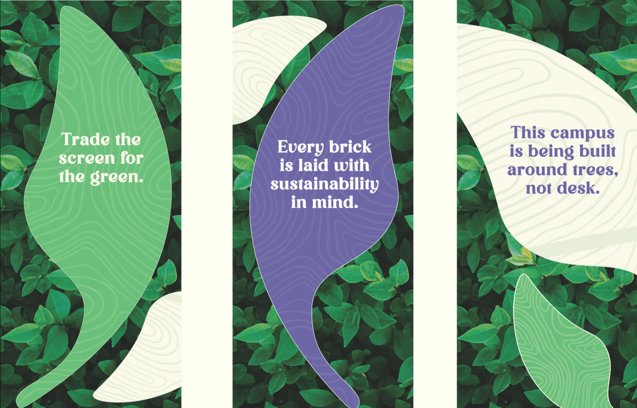 A campaign graphic about sustainability, greenery, and thoughtful design